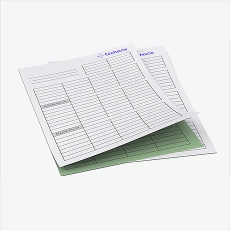 Bloc papier autocopiant mobile 2 feuillets avec encolage 
renforcé et impression personnalisée.