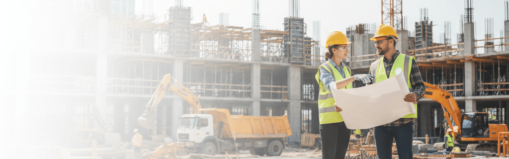 Interaction between real estate professionals with vivid project materials in a construction environment.